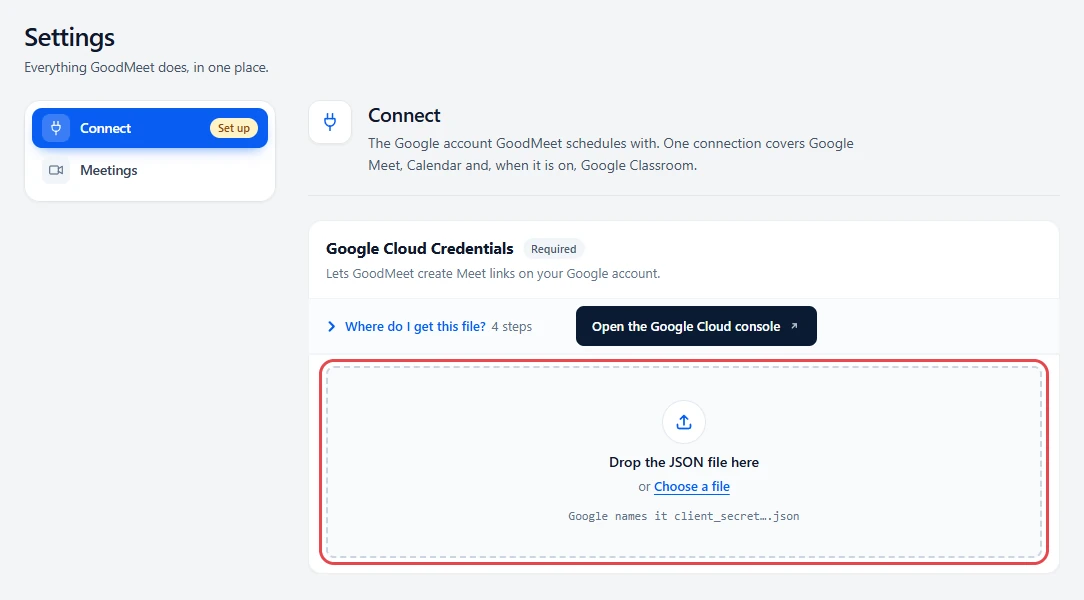 Vendor Configure page with the Connect section and the Google Cloud Credentials upload area highlighted