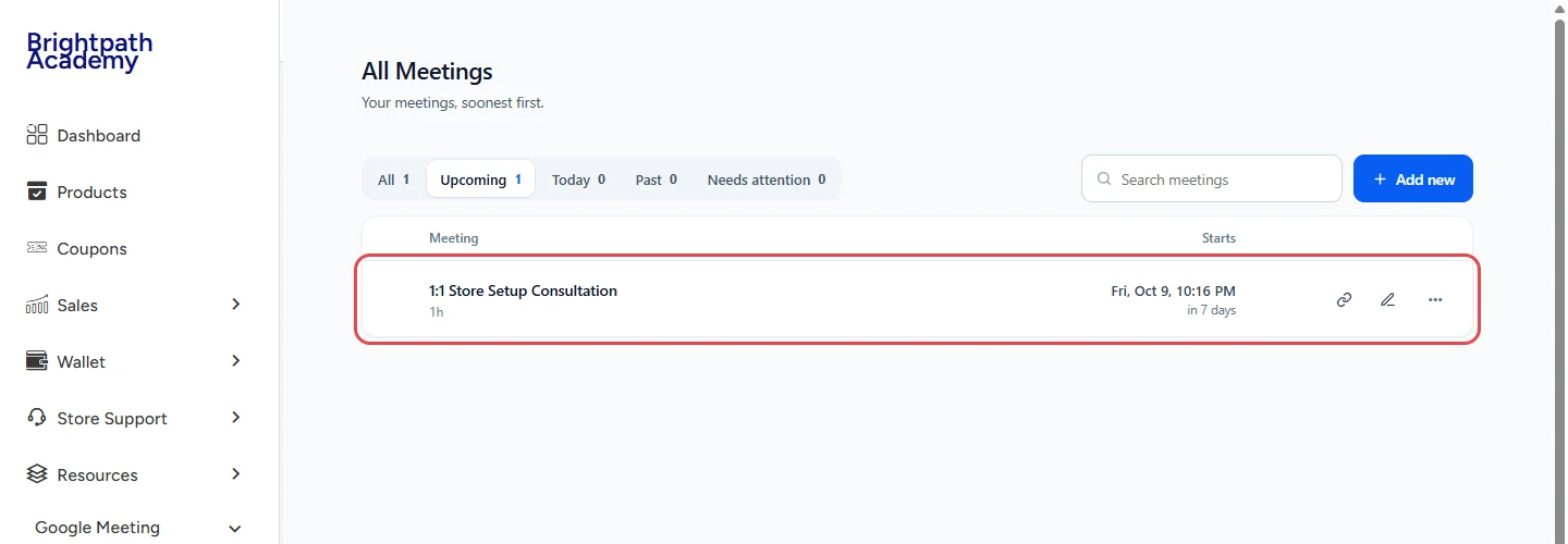 Vendor All Meetings list with the 1:1 Store Setup Consultation meeting highlighted