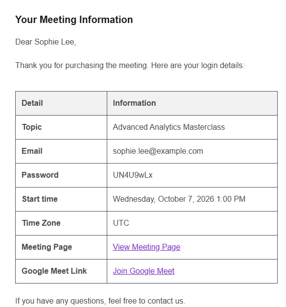 Your Meeting Information table in the completed order email