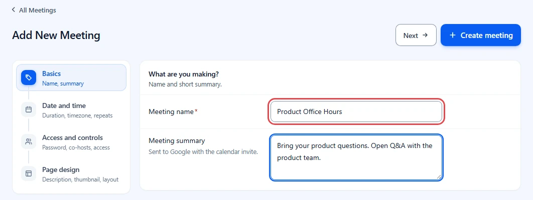 Add New Meeting form on the Basics step with the Meeting name field highlighted