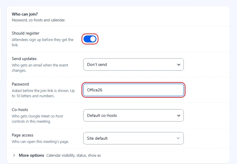 Access and controls step with Should register turned on and the Password field highlighted