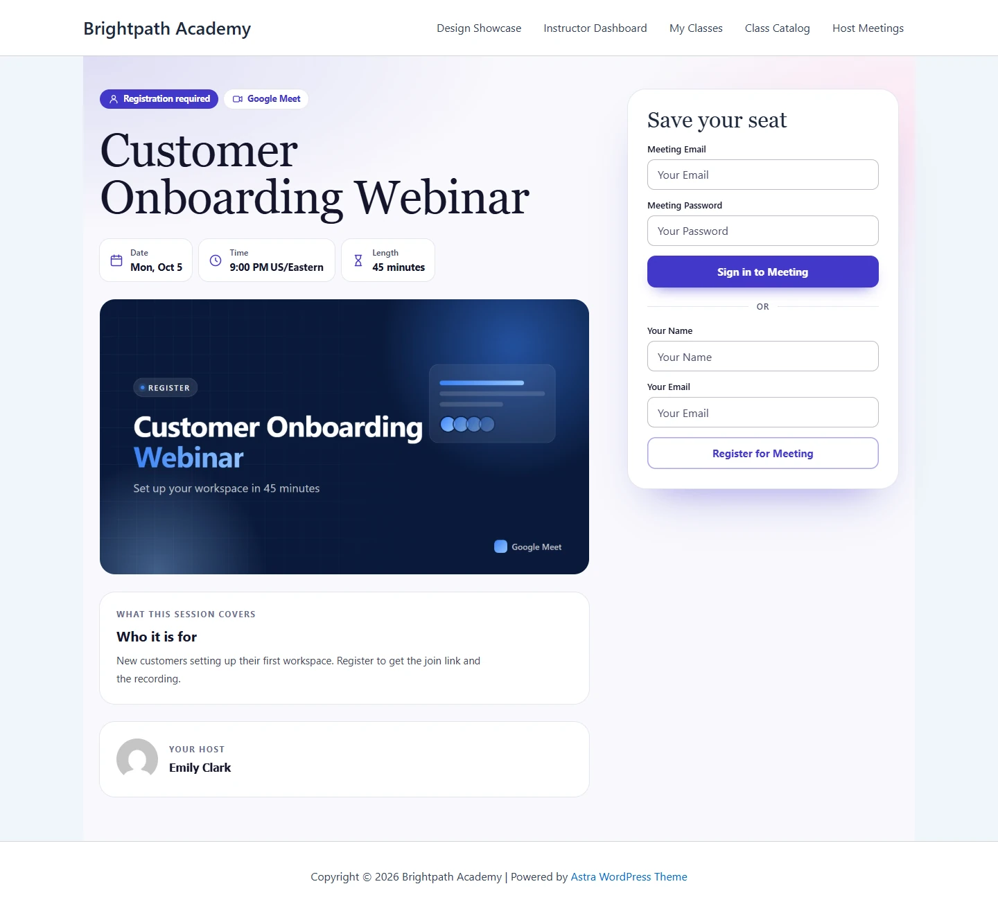 Customer Onboarding Webinar page with a Registration required chip and the sign-in and register forms in the side card