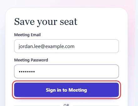Sign-in form filled in with the registered email and the meeting password