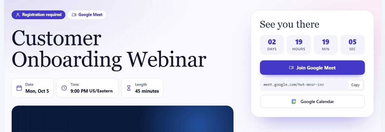 Customer Onboarding Webinar after sign-in, showing the Join Google Meet button and a countdown