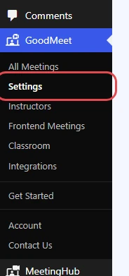 WordPress admin menu with GoodMeet open and Settings highlighted