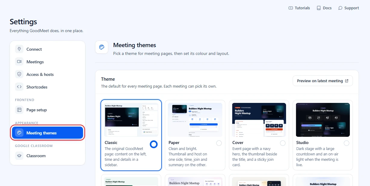 Settings screen with Meeting themes selected under Appearance