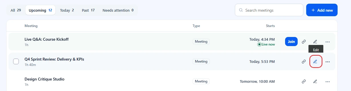 All Meetings list with the Edit icon highlighted on a meeting row