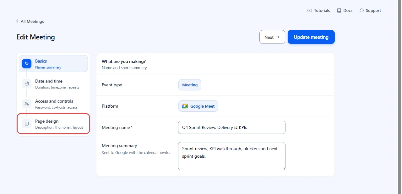 Edit Meeting screen with the Page design step highlighted