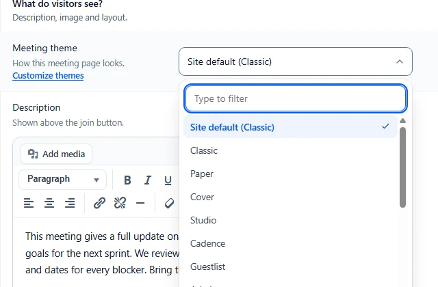 Meeting theme list open with Site default first, then every theme