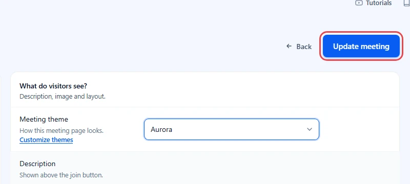 Meeting theme set to Aurora with the Update meeting button highlighted