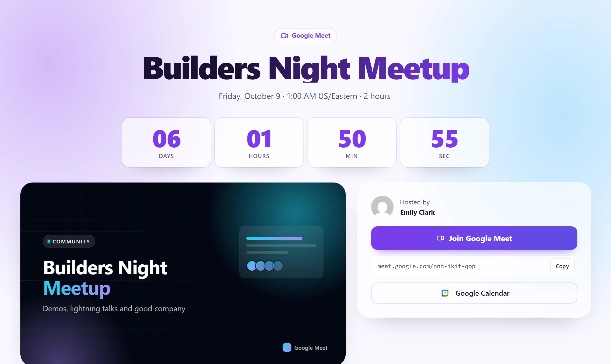 Builders Night Meetup meeting page drawn with the Aurora theme