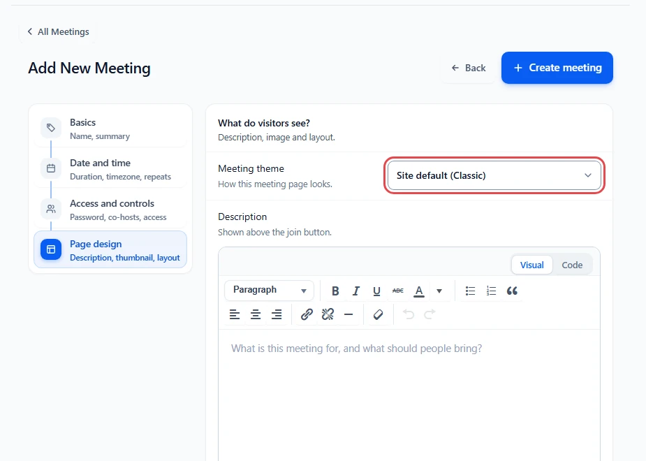 Front-end Add New Meeting form with the Meeting theme field