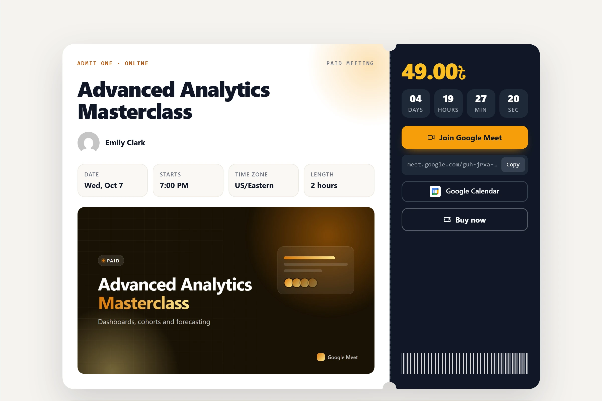 Advanced Analytics Masterclass meeting page with the Admit theme