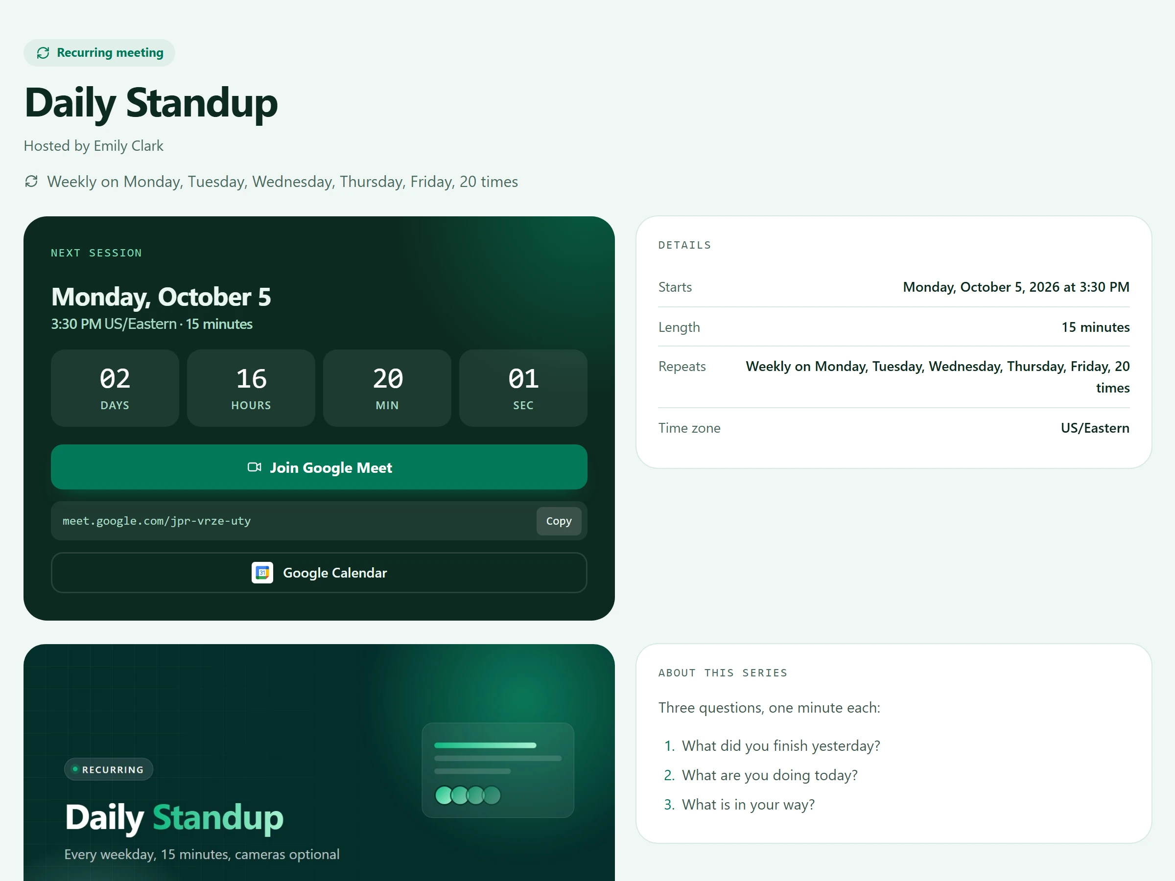 Daily Standup meeting page with the Cadence theme