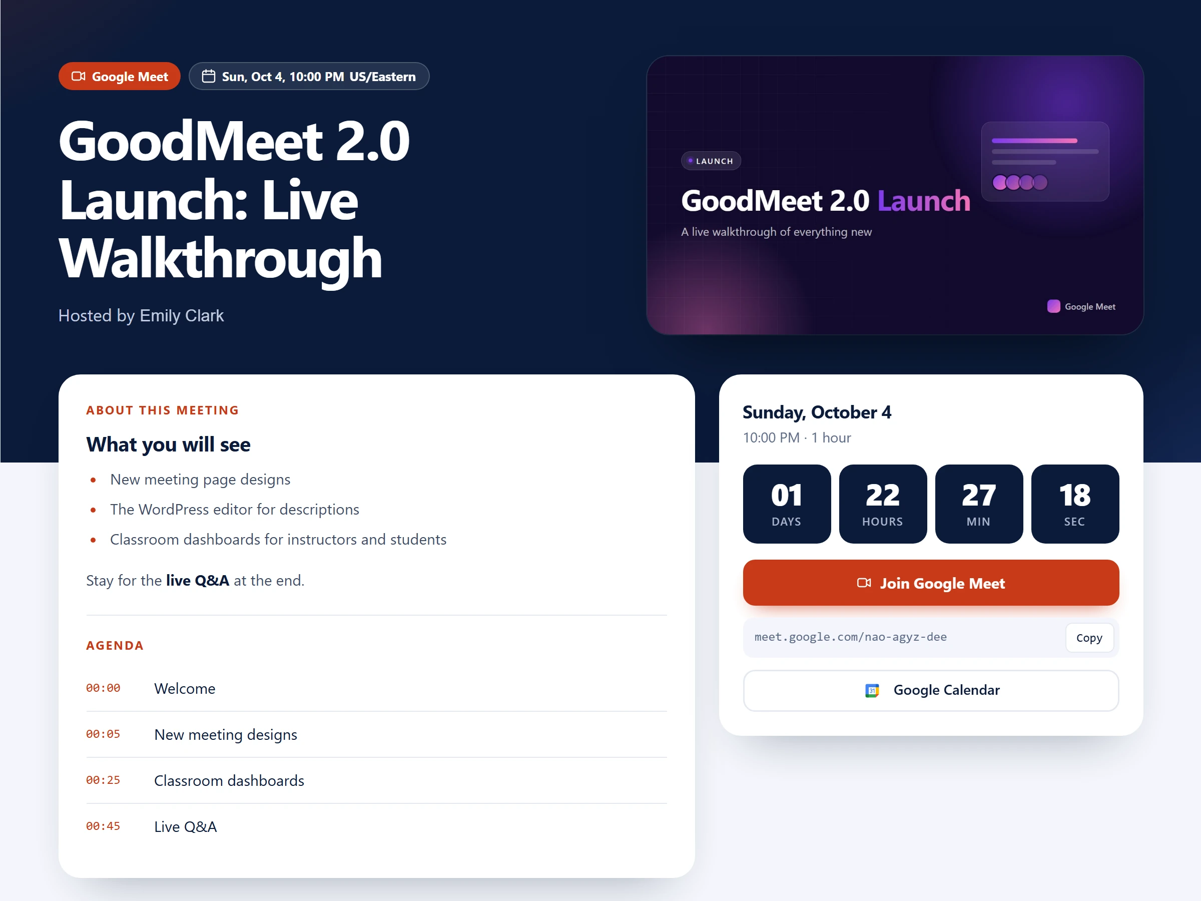 GoodMeet 2.0 Launch meeting page with the Cover theme