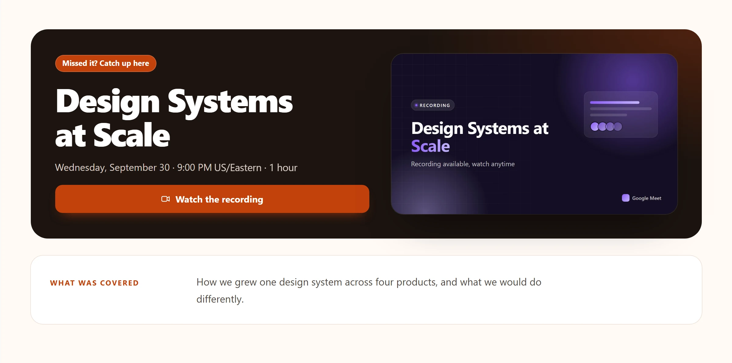 Design Systems at Scale meeting page with the Encore theme
