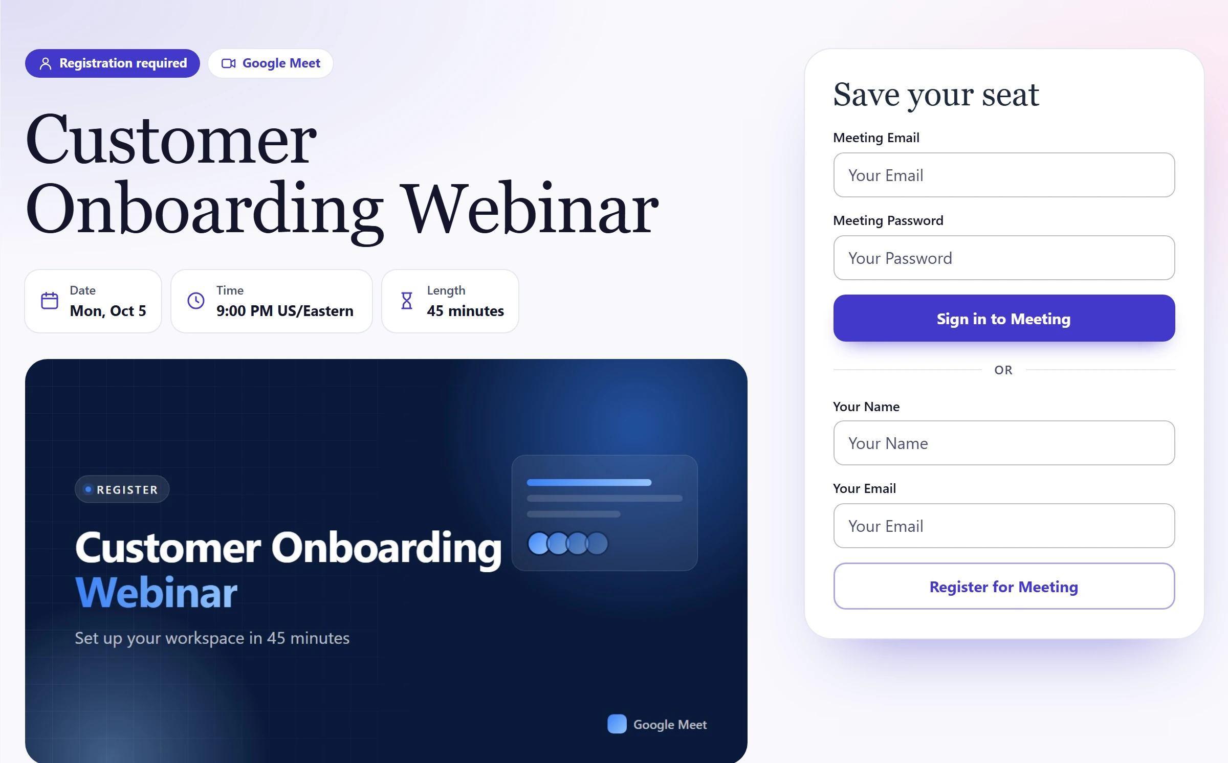 Customer Onboarding Webinar meeting page with the Guestlist theme