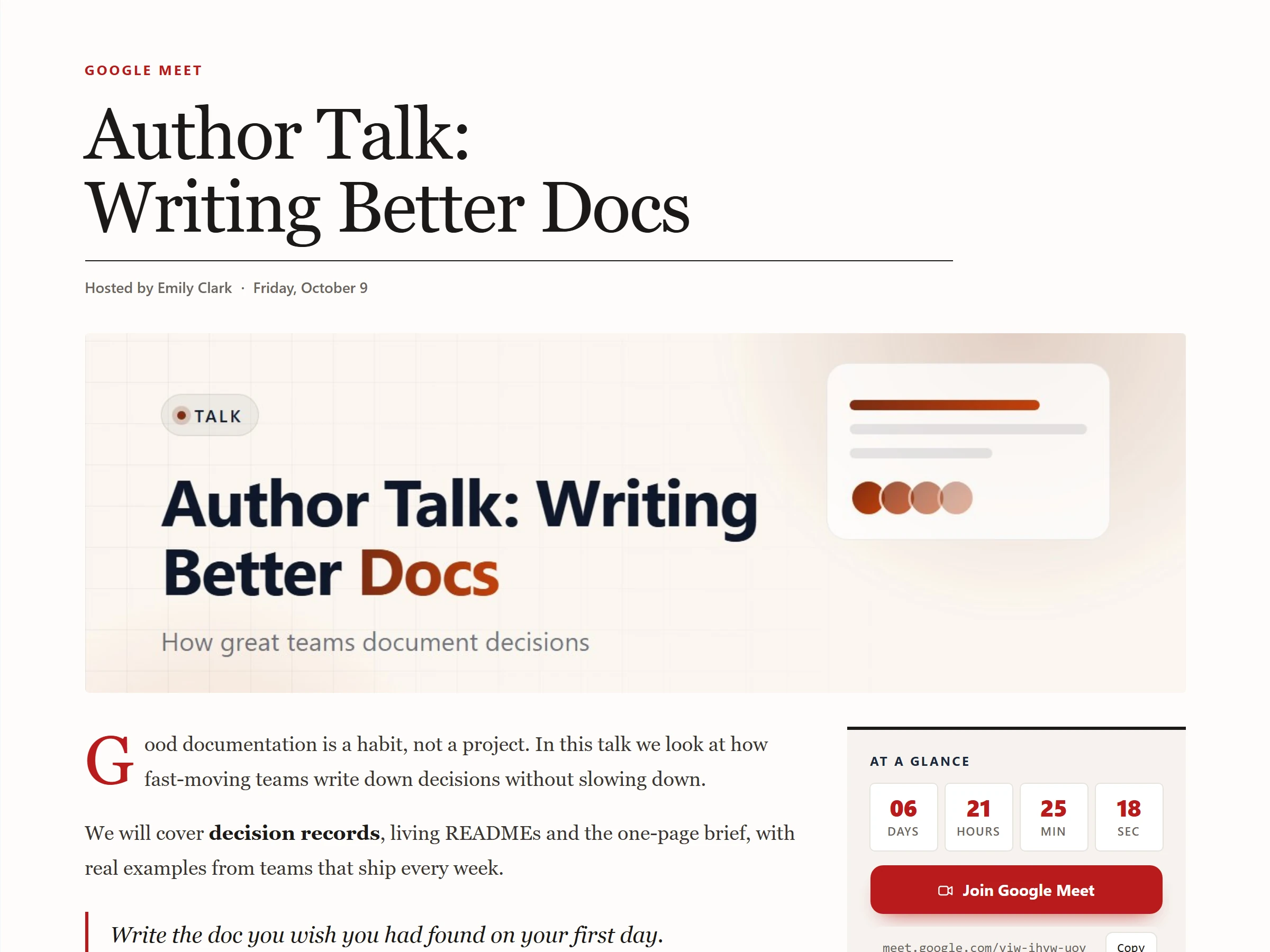Author Talk: Writing Better Docs meeting page with the Journal theme