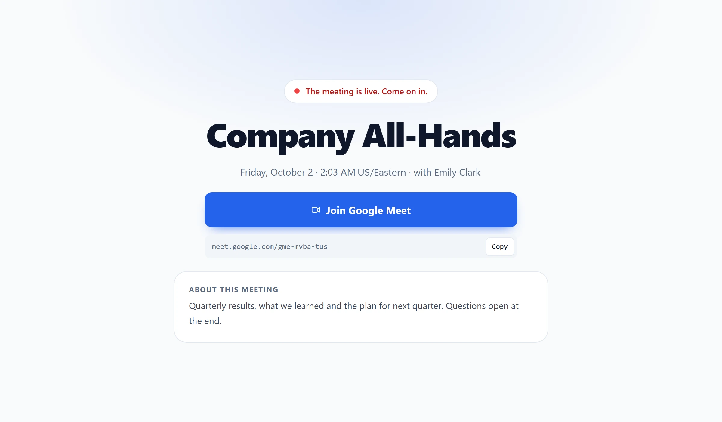 Company All-Hands meeting page with the Lobby theme, live state