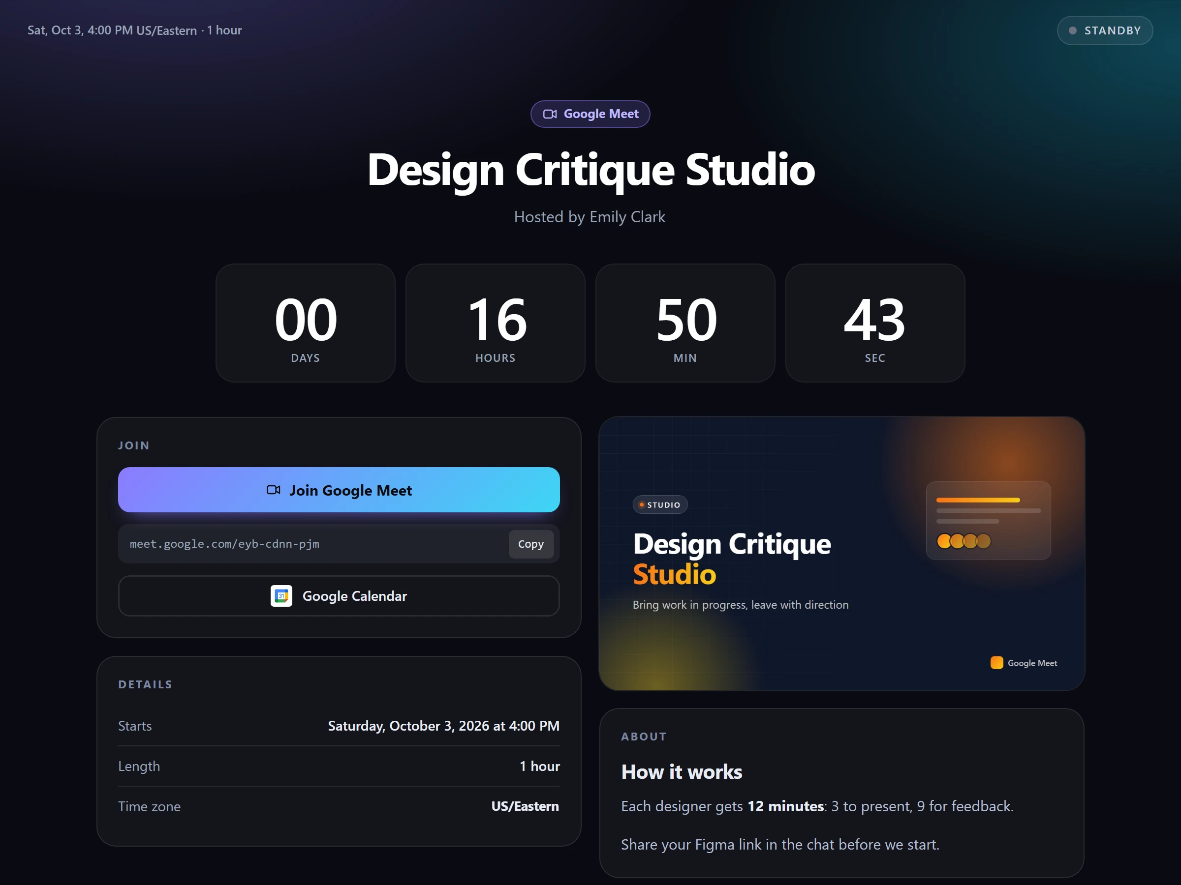 Design Critique Studio meeting page with the Studio theme