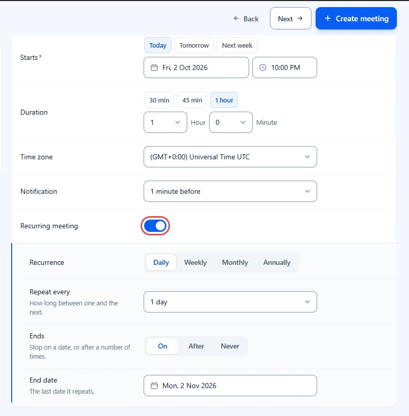 Date and time step with the Recurring meeting switch turned on and highlighted