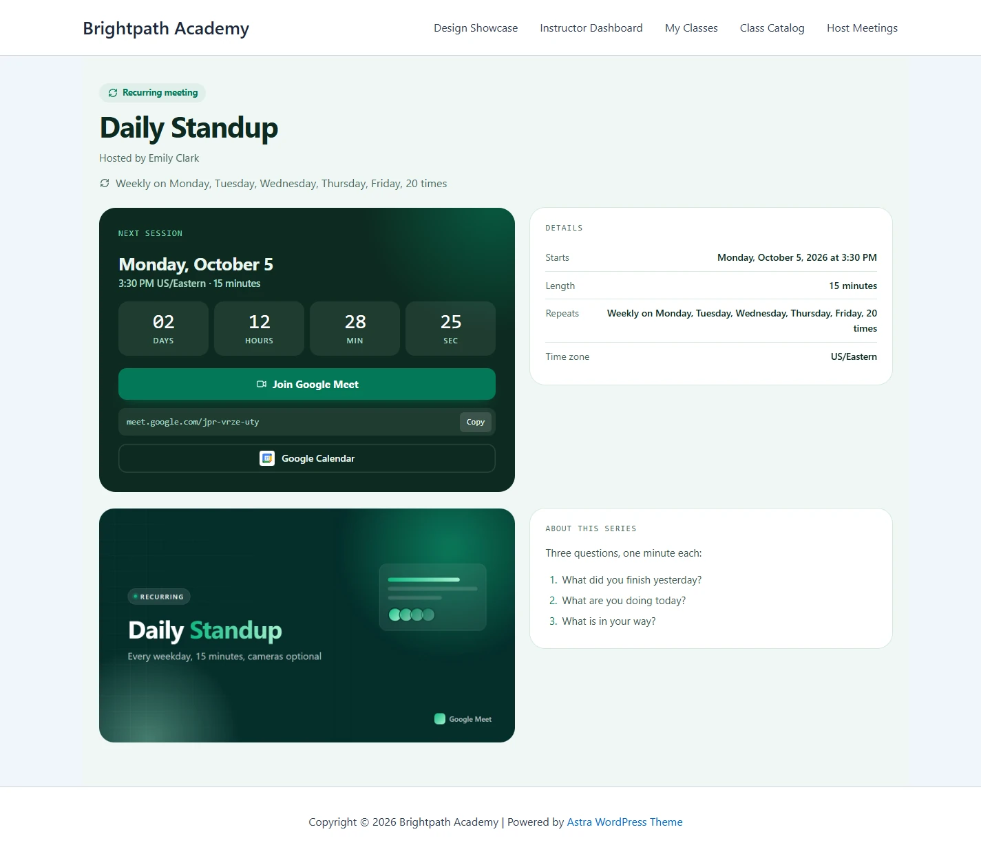 Daily Standup meeting page in the Cadence theme with the Next session card, countdown and repeat rule