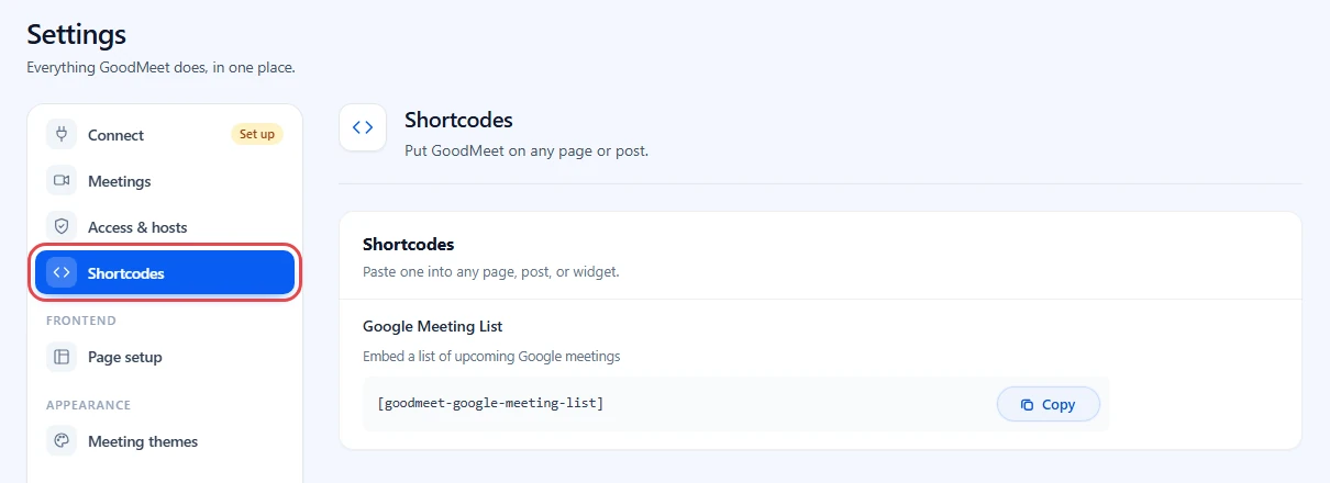 GoodMeet Settings with Shortcodes highlighted in the left menu