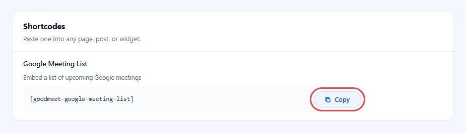 Google Meeting List row with the Copy button highlighted