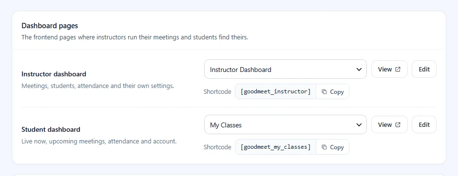 Dashboard pages card with the instructor and student dashboard shortcodes