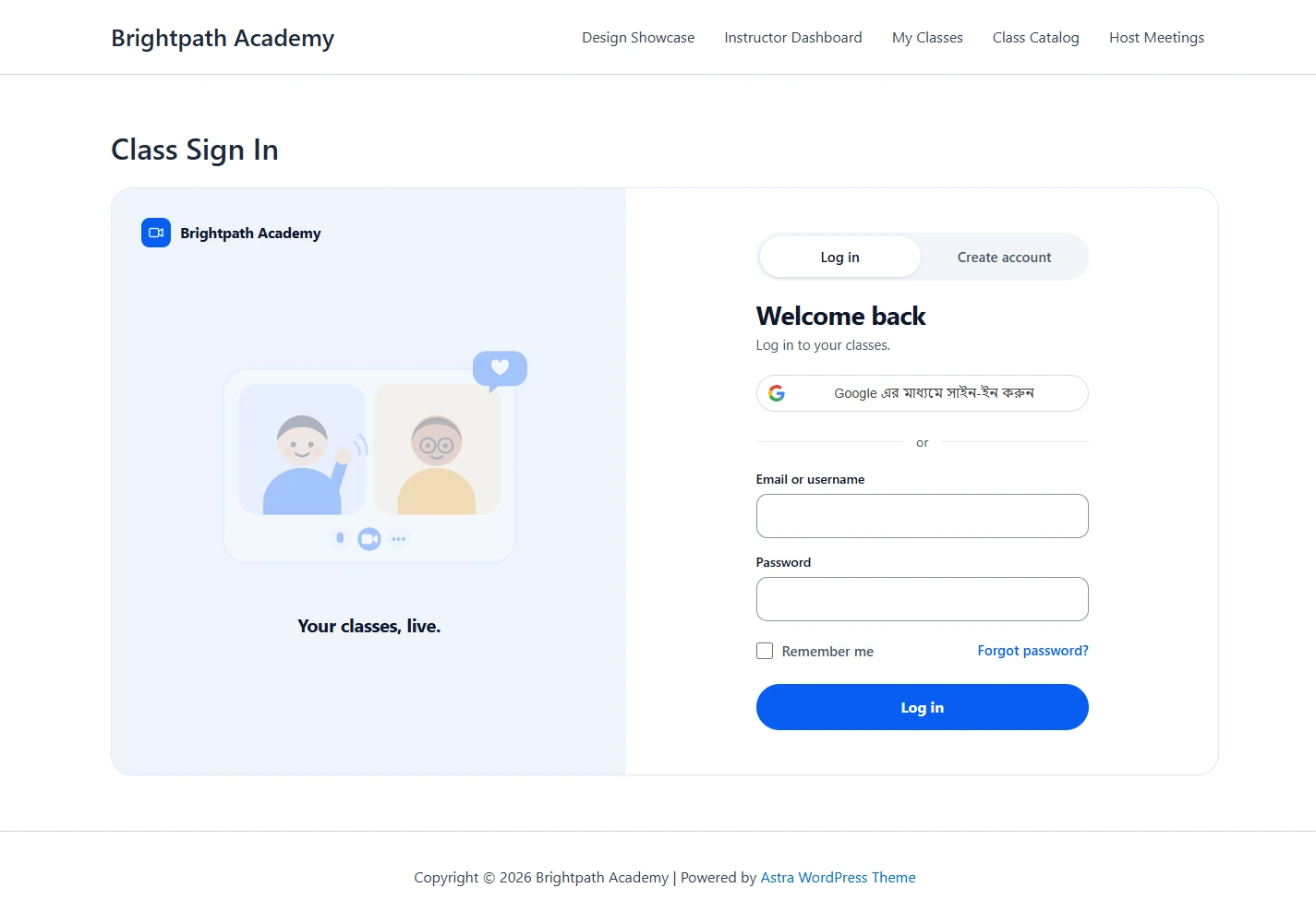 Class Sign In page with the Google button and the email and password form