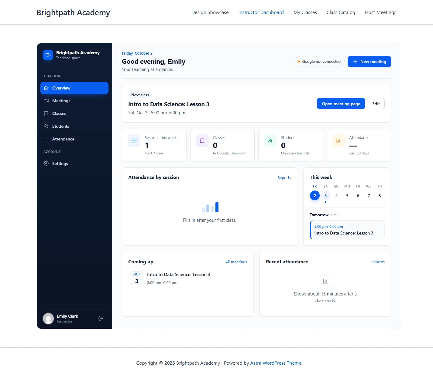 Instructor dashboard showing the next class, stats, this week and coming up