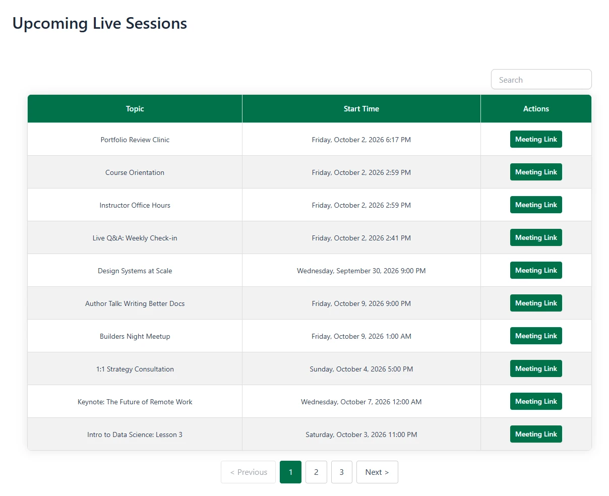 Meeting list on a page with Topic, Start Time and Meeting Link buttons