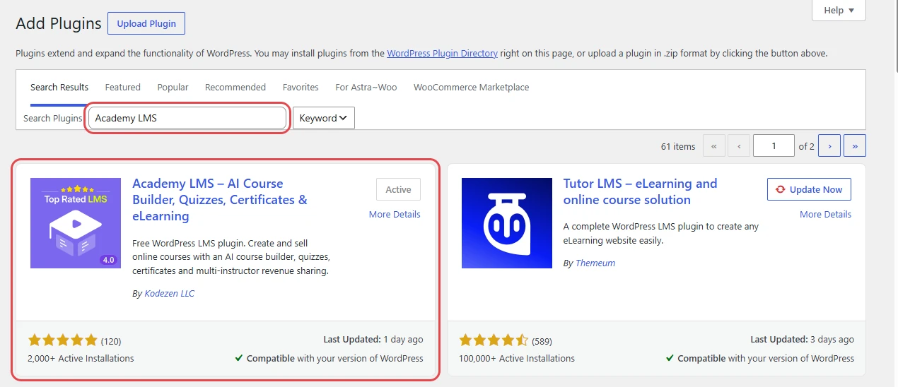 Add Plugins screen with the Academy LMS search result highlighted
