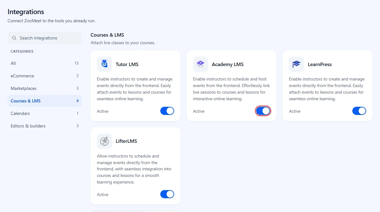 Integrations screen with the Courses & LMS category open and the Academy LMS toggle highlighted