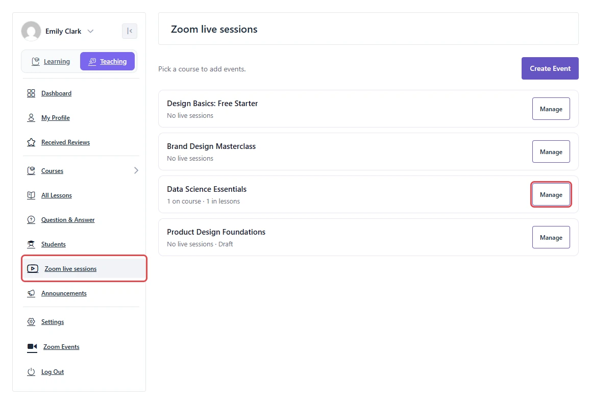 Academy dashboard with Zoom live sessions highlighted in the Teaching menu and the Manage button of Data Science Essentials highlighted