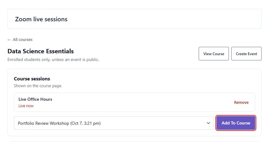 Course sessions card with Live Office Hours listed, Portfolio Review Workshop chosen in the select and the Add To Course button highlighted