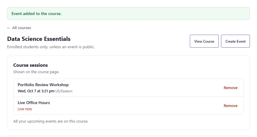 Course sessions card with the Event added to the course message and two events, each with a Remove link