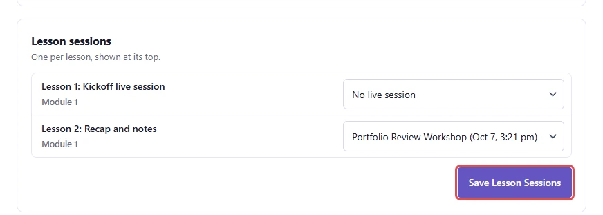 Lesson sessions card with a meeting select per lesson and the Save Lesson Sessions button highlighted