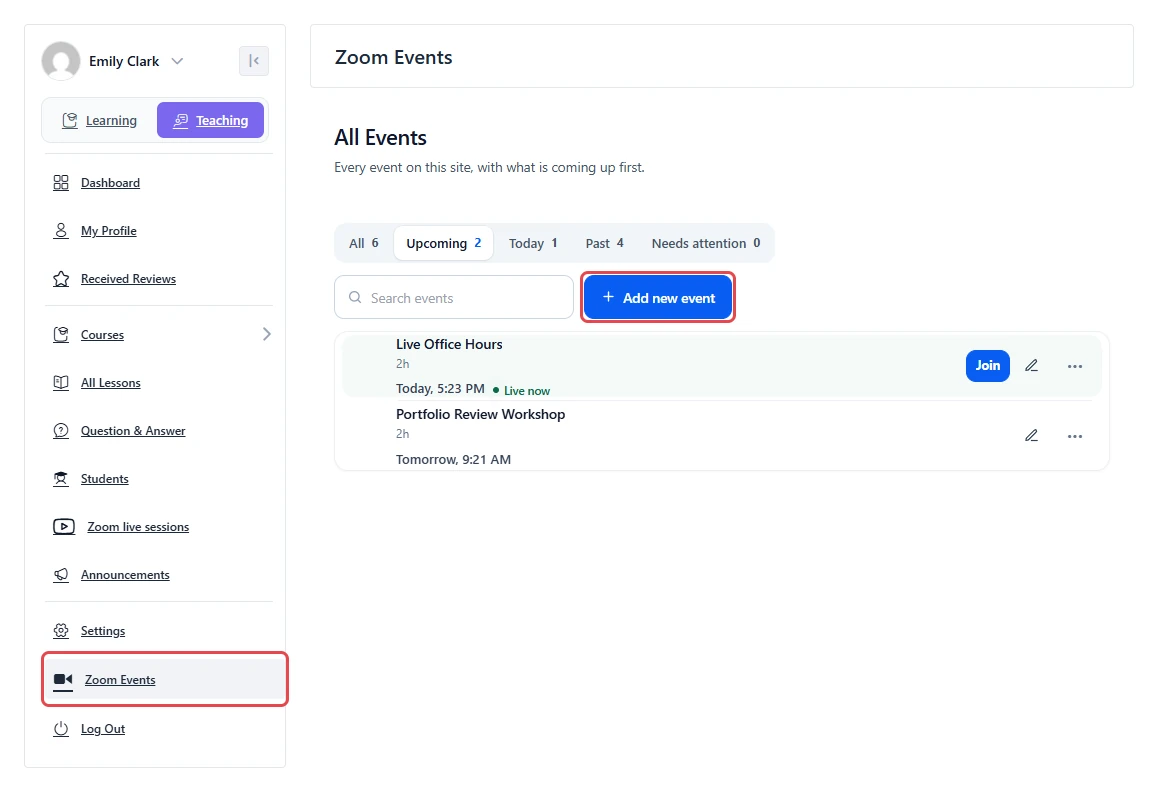 Academy dashboard with the Zoom Events menu item and the Add new event button highlighted