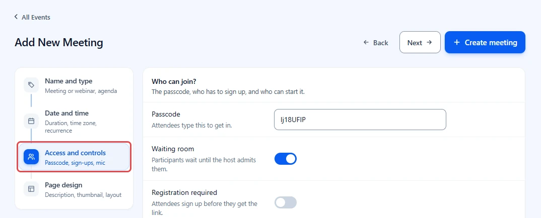 Add New Meeting screen with the Access and controls step highlighted