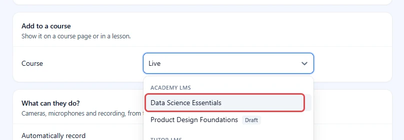 Add to a course card with the course search open and Data Science Essentials highlighted under Academy LMS