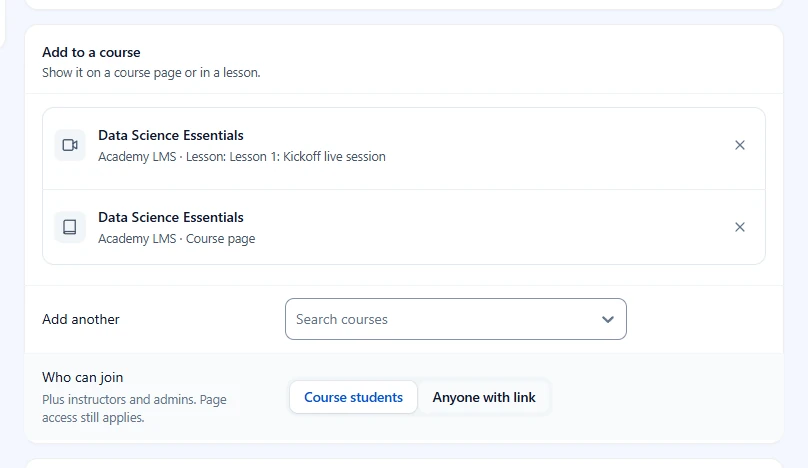 Add to a course card with a lesson row and a course page row, and the Who can join choice open