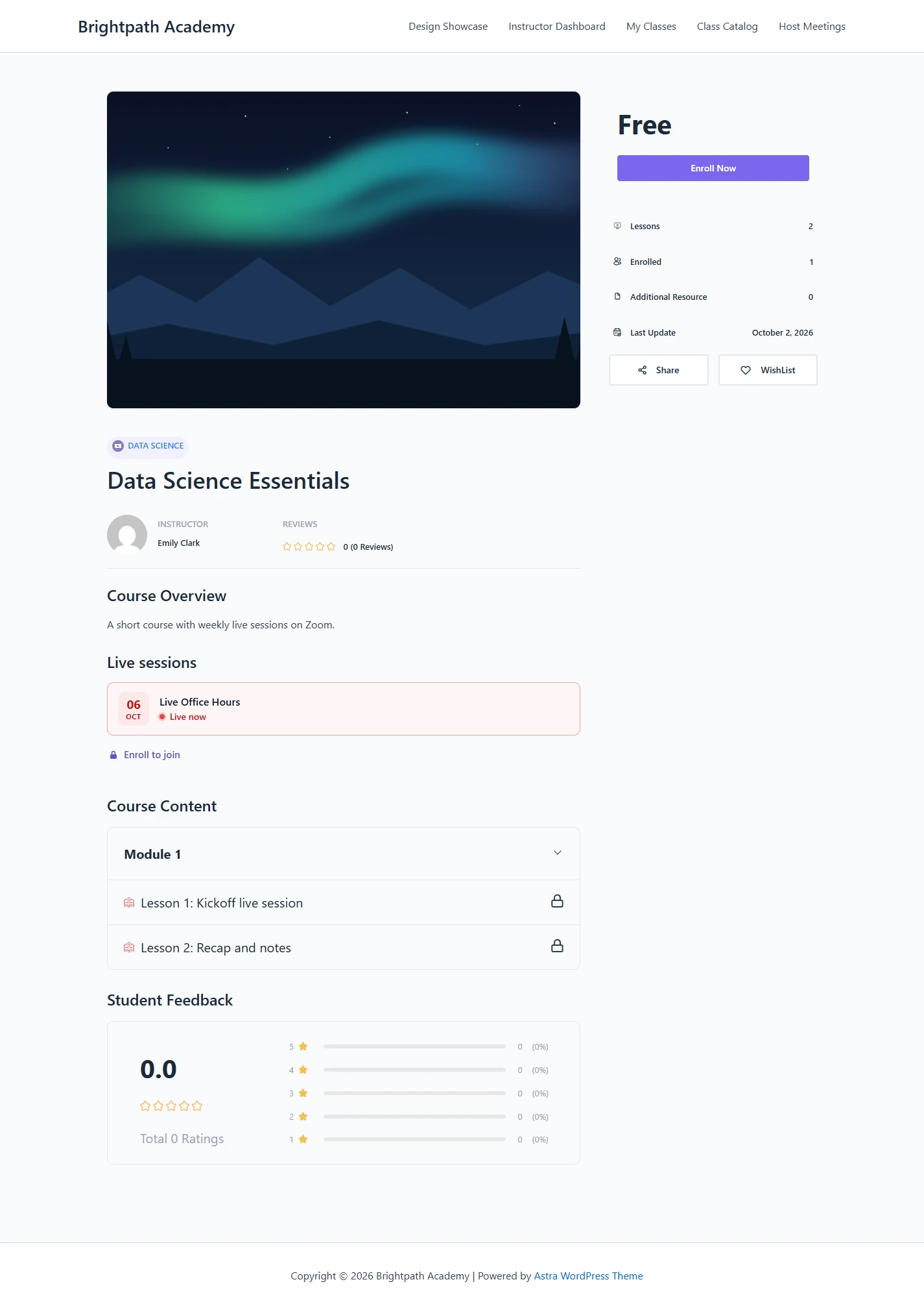 Data Science Essentials course page for a visitor with the Live sessions list and the Enroll to join link highlighted