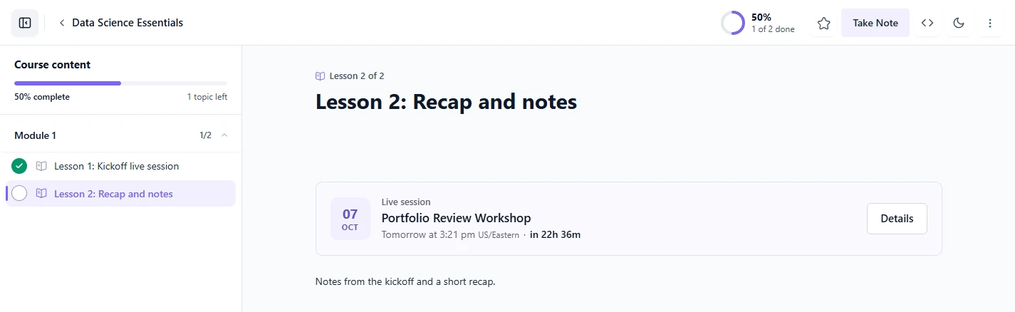 Academy lesson page with a Live session card for Portfolio Review Workshop under the lesson title