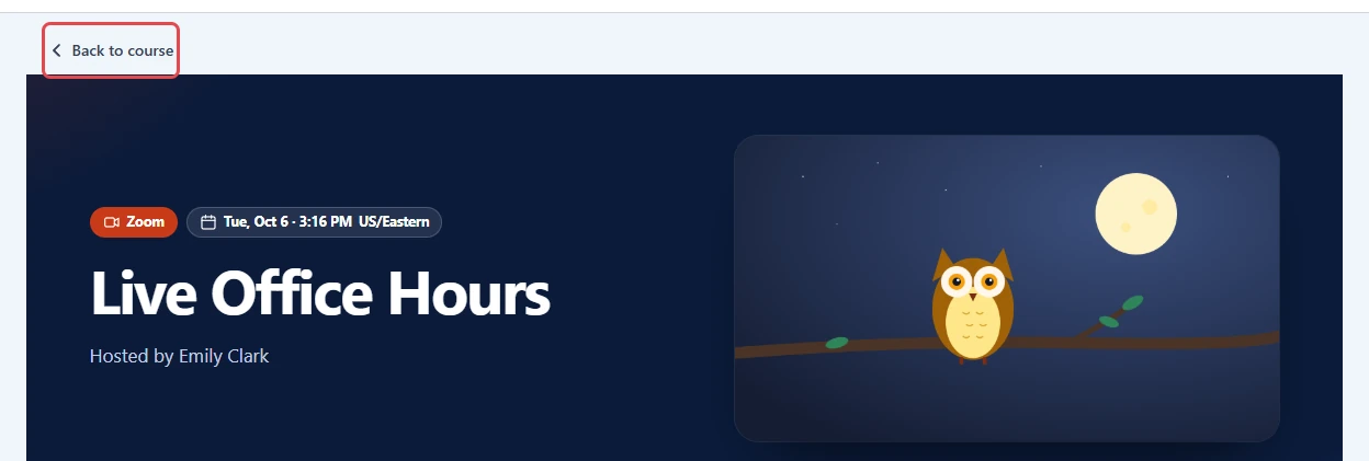 Meeting page for Live Office Hours with the Back to course link highlighted