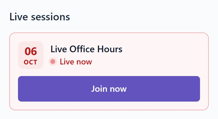 Academy course page on a phone with the Live sessions list and a full-width Join now button