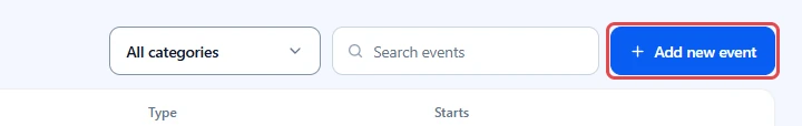 Add new event button highlighted next to the Search events field