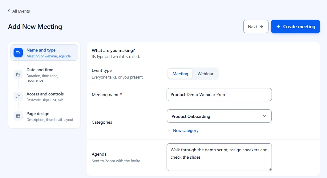 Name and type step with Meeting selected, the meeting name, the Product Onboarding category and an agenda filled in