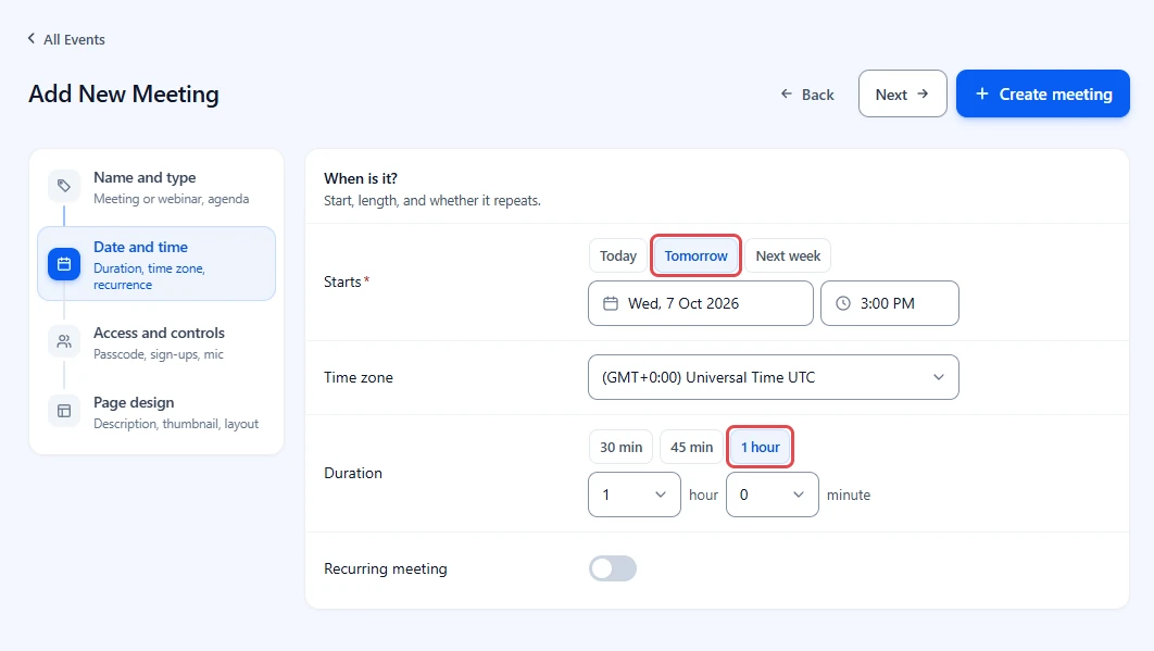 Date and time step set to tomorrow at 3:00 PM with the Tomorrow and 1 hour shortcuts highlighted and Duration set to 1 hour and 0 minutes