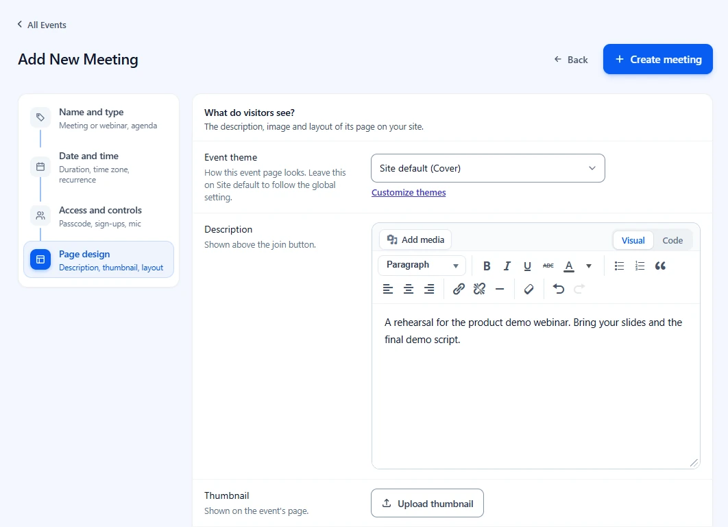 Page design step with Event theme set to Site default and a description typed in the WordPress editor, with Add media and the Visual and Code tabs